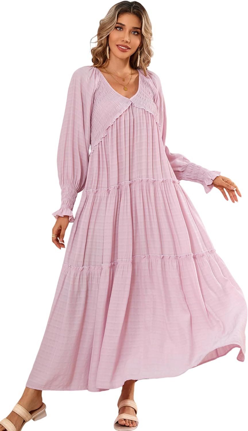 R.Vivimos Maxi Dress for Women Long Sleeve V Neck Empire Waist Layered Ruffle Boho Casual Flowy Long Dresses
