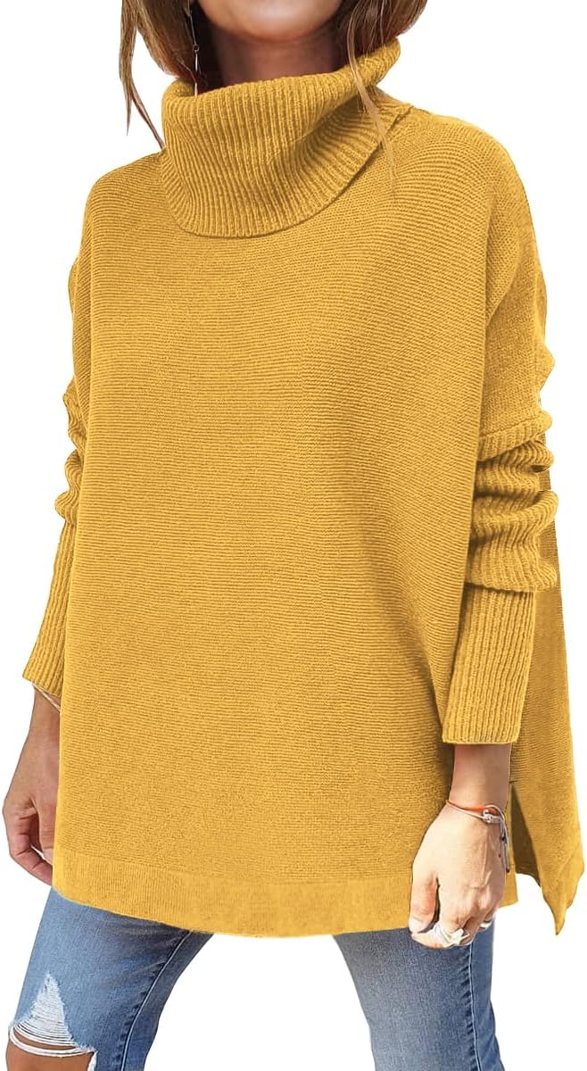 LILLUSORY Women's Turtleneck Oversized Sweaters Long Batwing Sleeve Spilt Hem Tunic Pullover Knit Tops