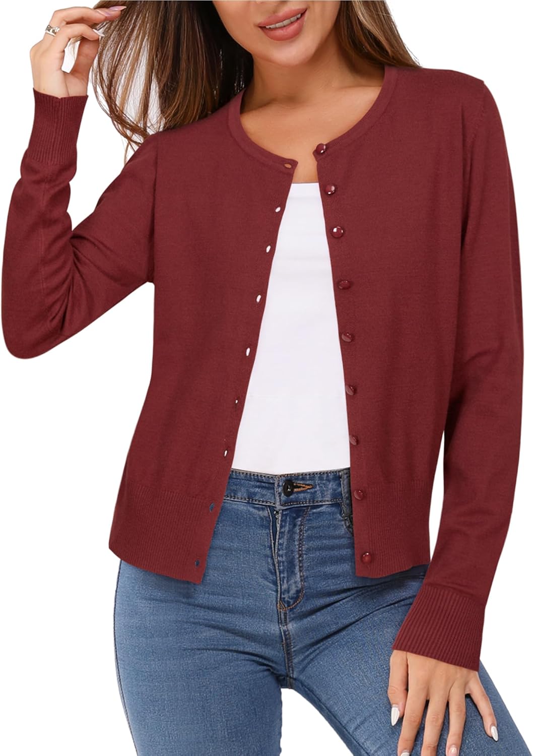 Newshows Women's Lightweight Button Down Cardigan Long Sleeve Casual Crew Neck Soft Knit Cardigans Sweater Tops
