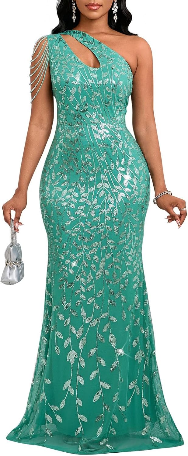 Cololura Women Sequin Elegant Sexy One Shoulder Tassel Mermaid Bodycon Cocktail Evening Dress