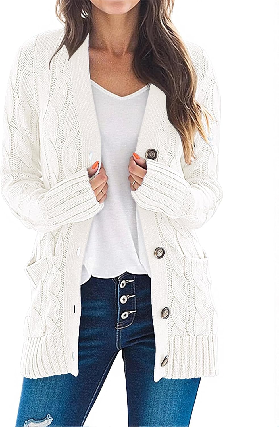 MEROKEETY Women's 2025 Fall Long Sleeve Cable Knit Sweater Open Front Cardigan Button Loose Outerwear