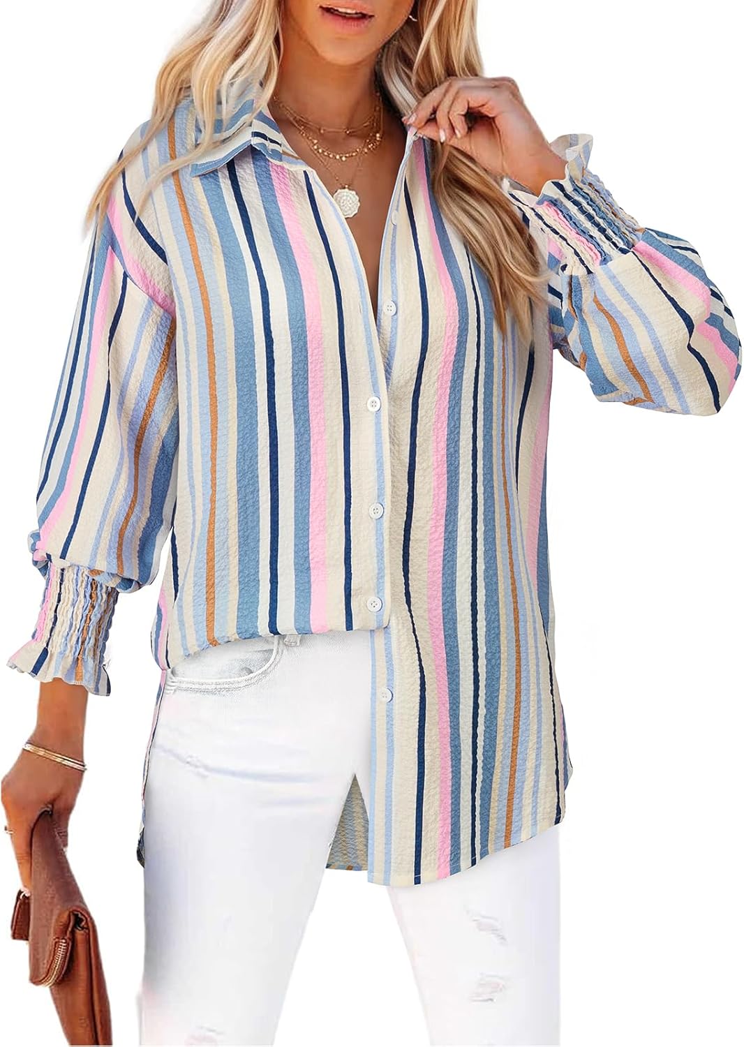 Women's Striped Button Down Shirts Long Sleeve Smocked Cuffed Oversized Boyfriend Blouses Collared Work No Pockets Tops