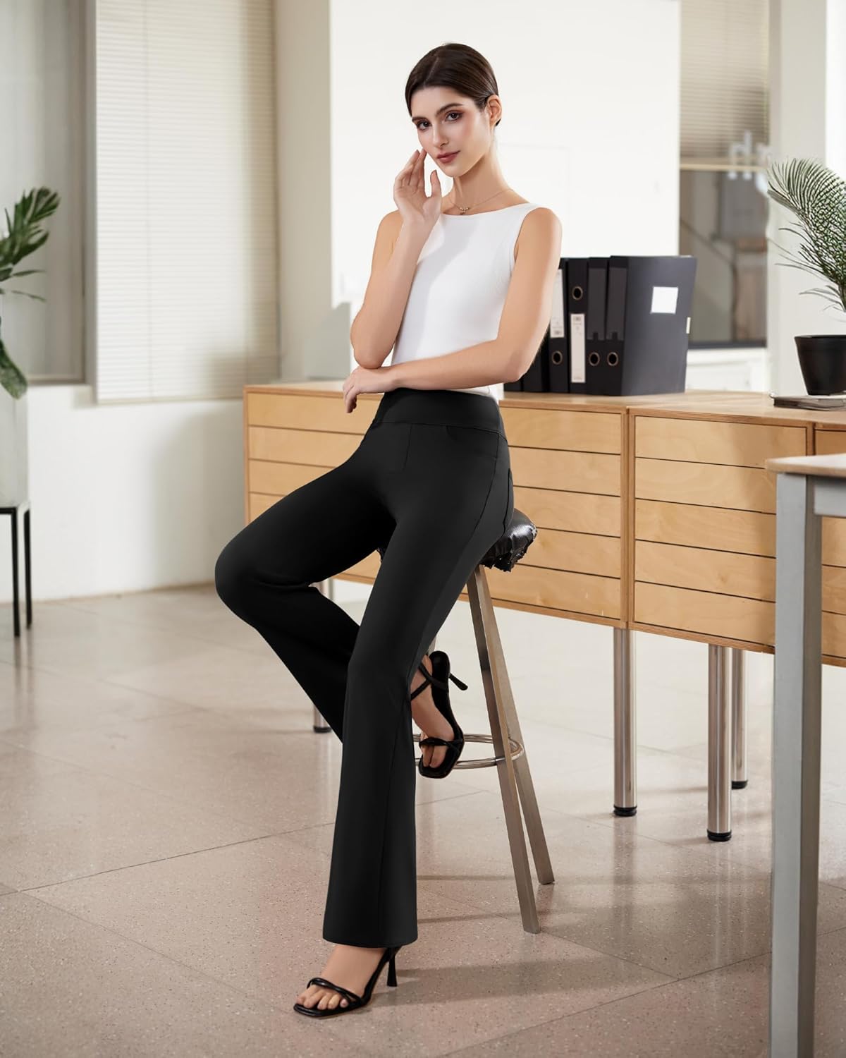 Womens Dress Pants Stretchy Work Pants Business Casual Office Trousers Pull On Flare Slacks with 4 Pockets