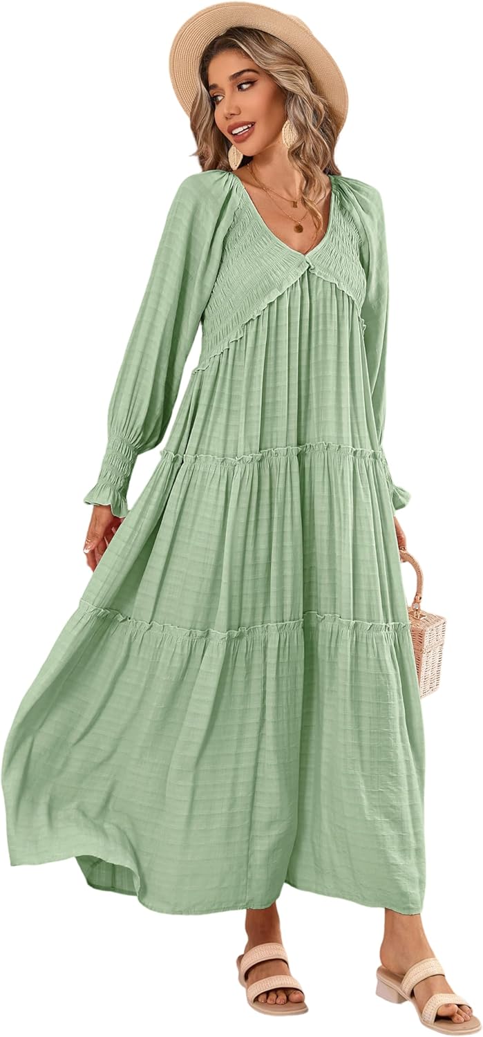 R.Vivimos Maxi Dress for Women Long Sleeve V Neck Empire Waist Layered Ruffle Boho Casual Flowy Long Dresses