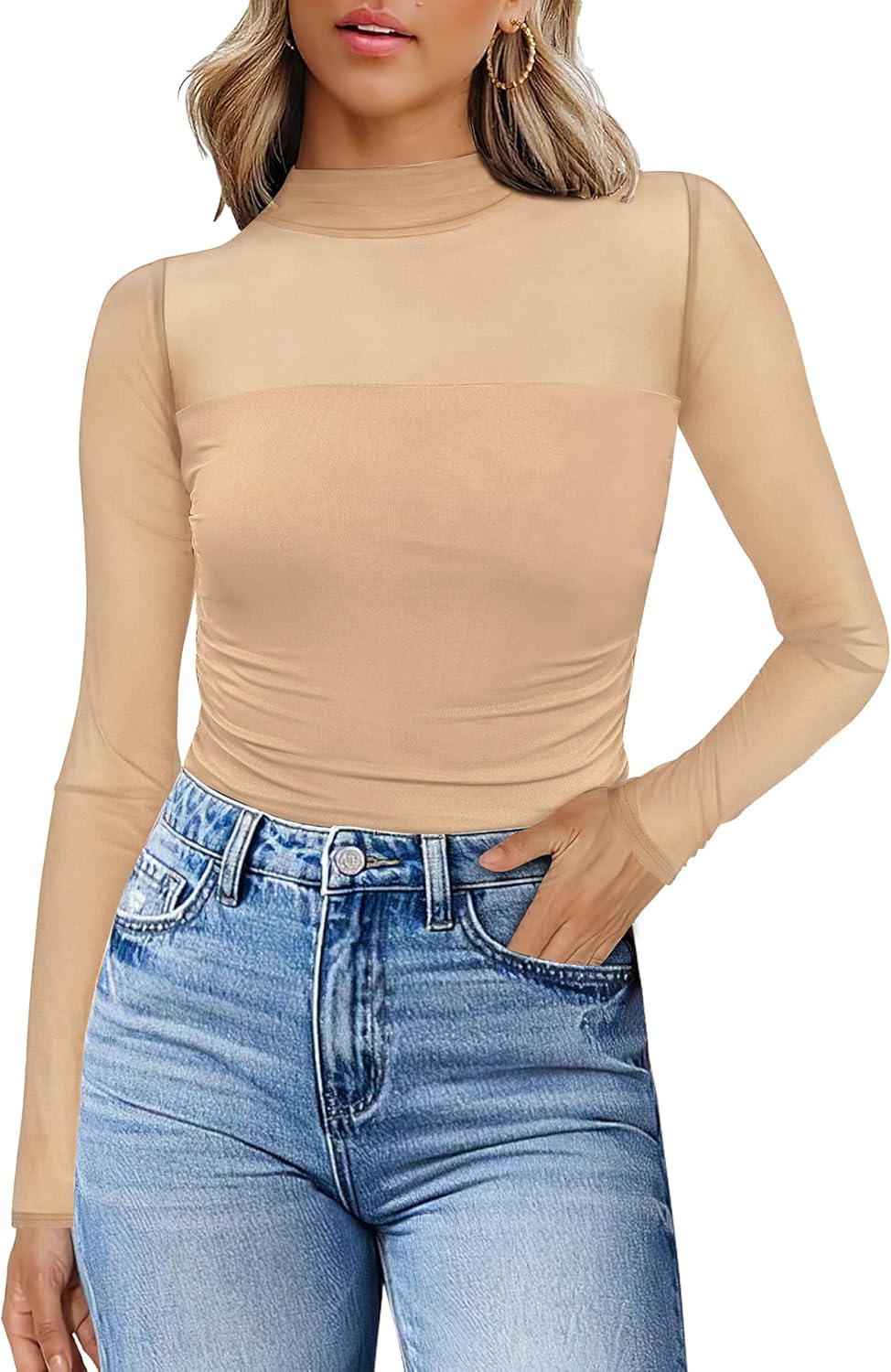 Womens Sexy Mesh Long Sleeve Shirts Fashion Clothing Turtle Necks Sheer Ruched Going Out Tops Fall Outfits Slim Fit Blouses