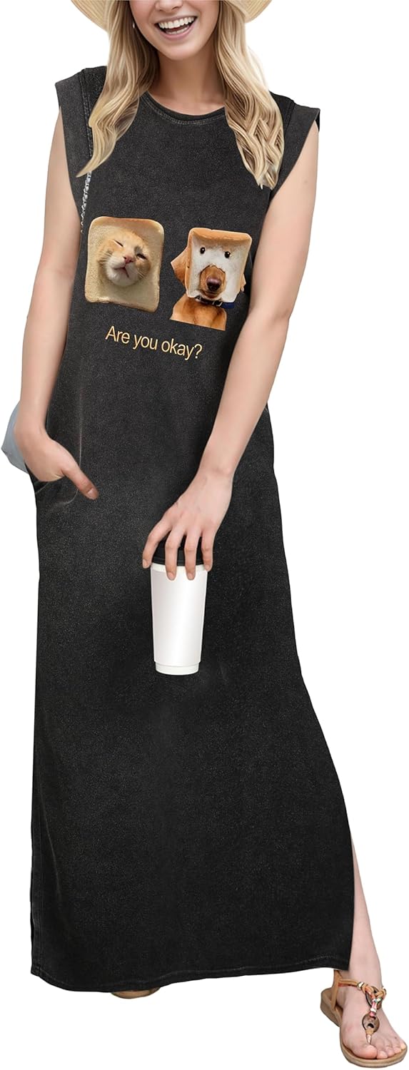 GRECERELLE 2025 Women Year-Round Casual Round Neck Loose Split Wrinkle-Free Long Maxi Vacation Dress with Pockets (XS-3XL)