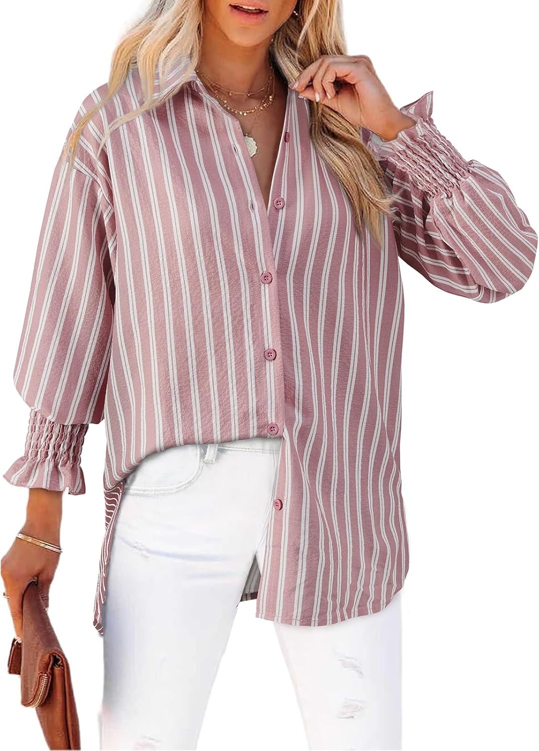 Women's Striped Button Down Shirts Long Sleeve Smocked Cuffed Oversized Boyfriend Blouses Collared Work No Pockets Tops