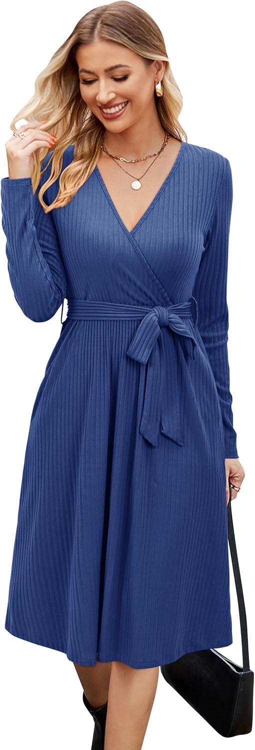 Newshows Womens 2025 Fall Dresses Teacher Church Business Casual Work Outfits Knit Midi Sweater Pockets Belt Dress
