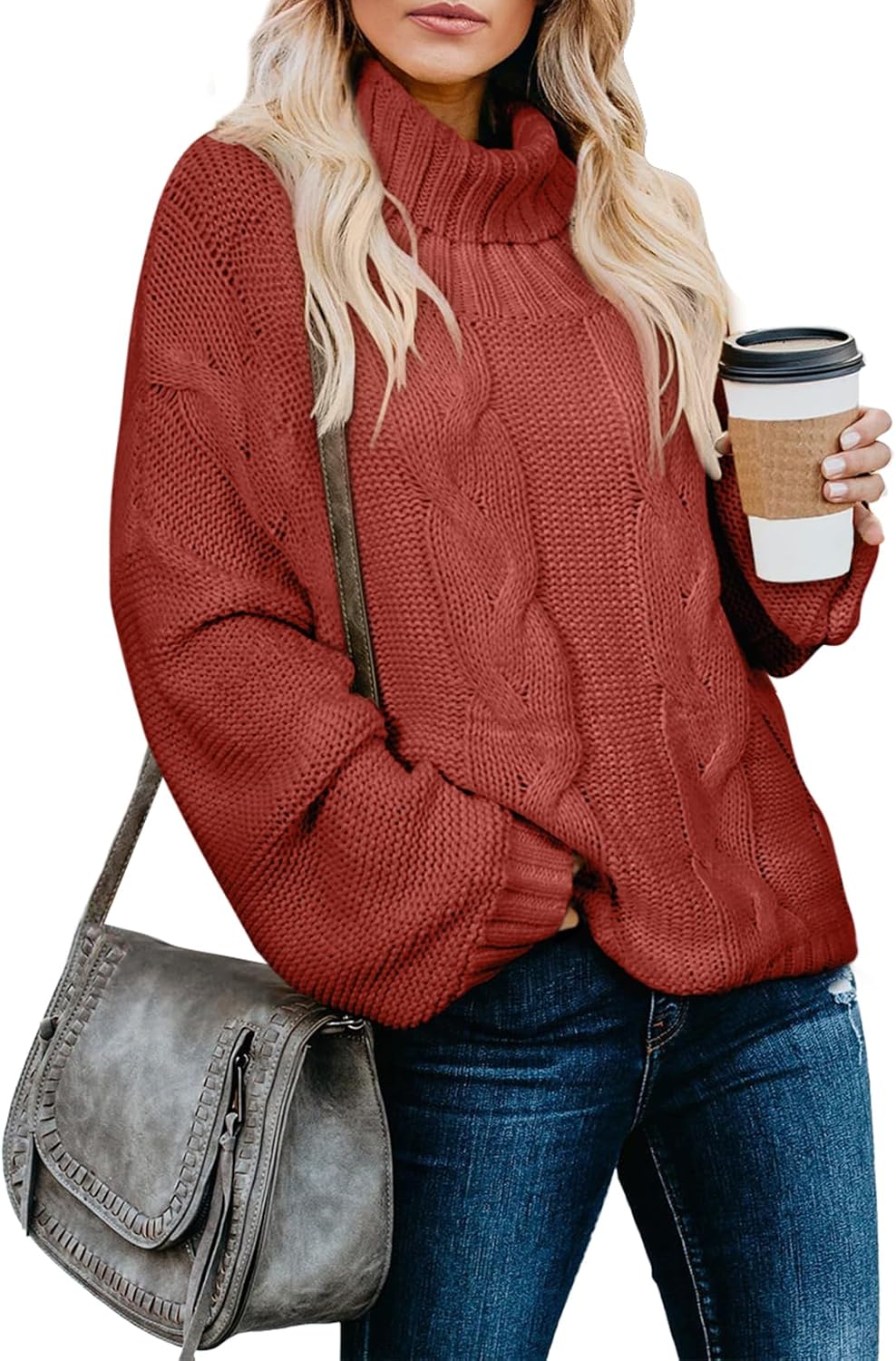 Dokotoo Womens 2025 Winter Fall Solid Turtleneck High Neck Balloon Long Sleeve Sweaters Pullover Outerwear