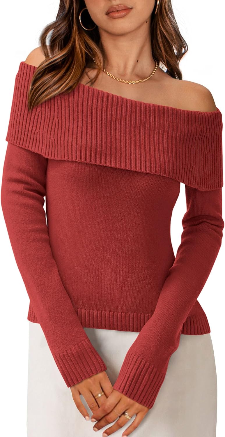 PRETTYGARDEN Off The Shoulder Sweater for Women 2025 Fall Fashion Cute Long Sleeve Tops Winter Ribbed Pullover Knit Outfits