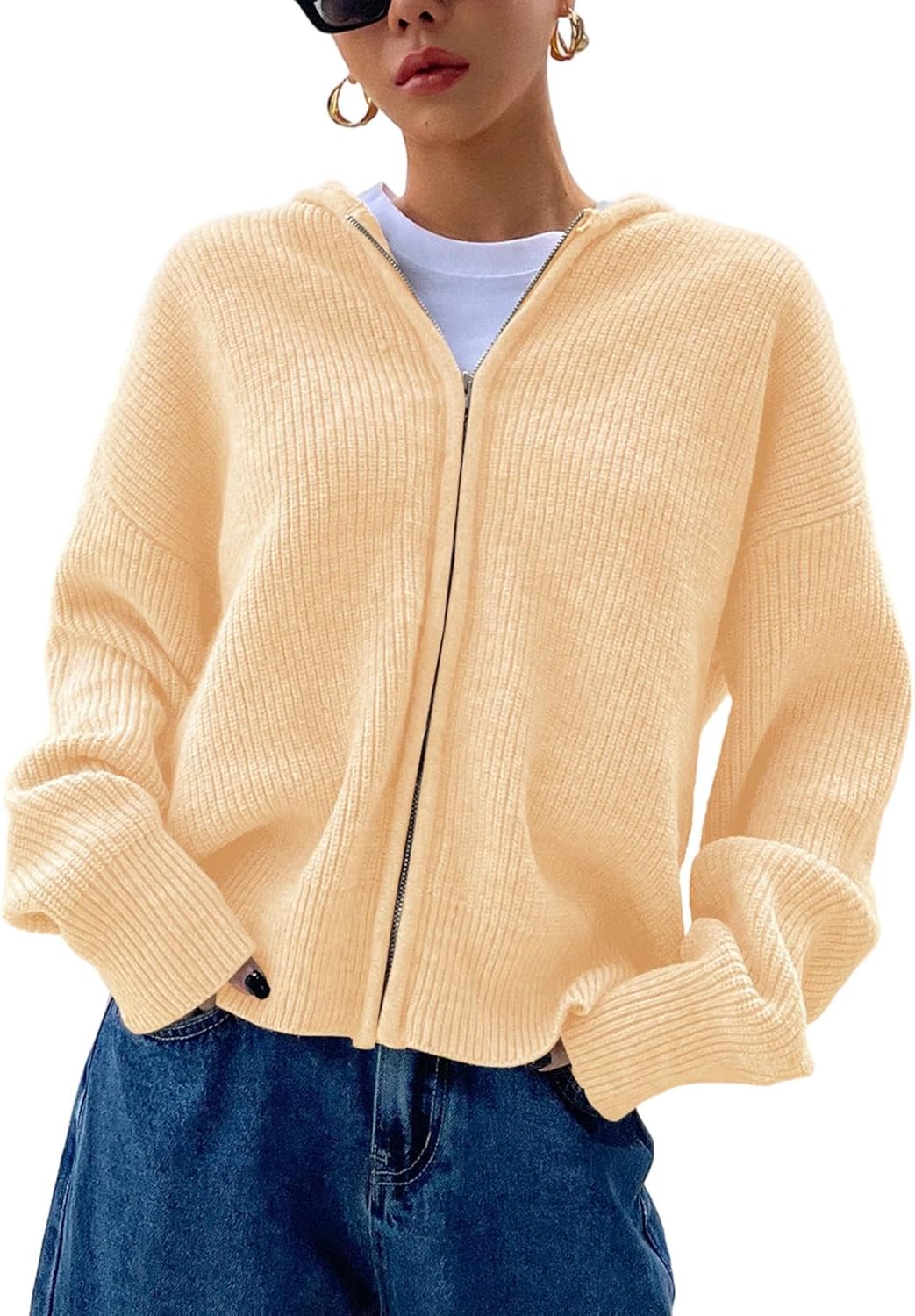 SOLY HUX Zip Up Cardigan for Women Hooded Cardigan Sweater Knitted Drop Shoulder Fall Clothes Winter Hoodies Outerwear