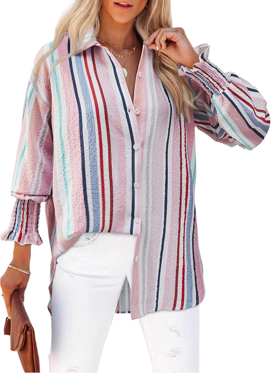 Women's Striped Button Down Shirts Long Sleeve Smocked Cuffed Oversized Boyfriend Blouses Collared Work No Pockets Tops