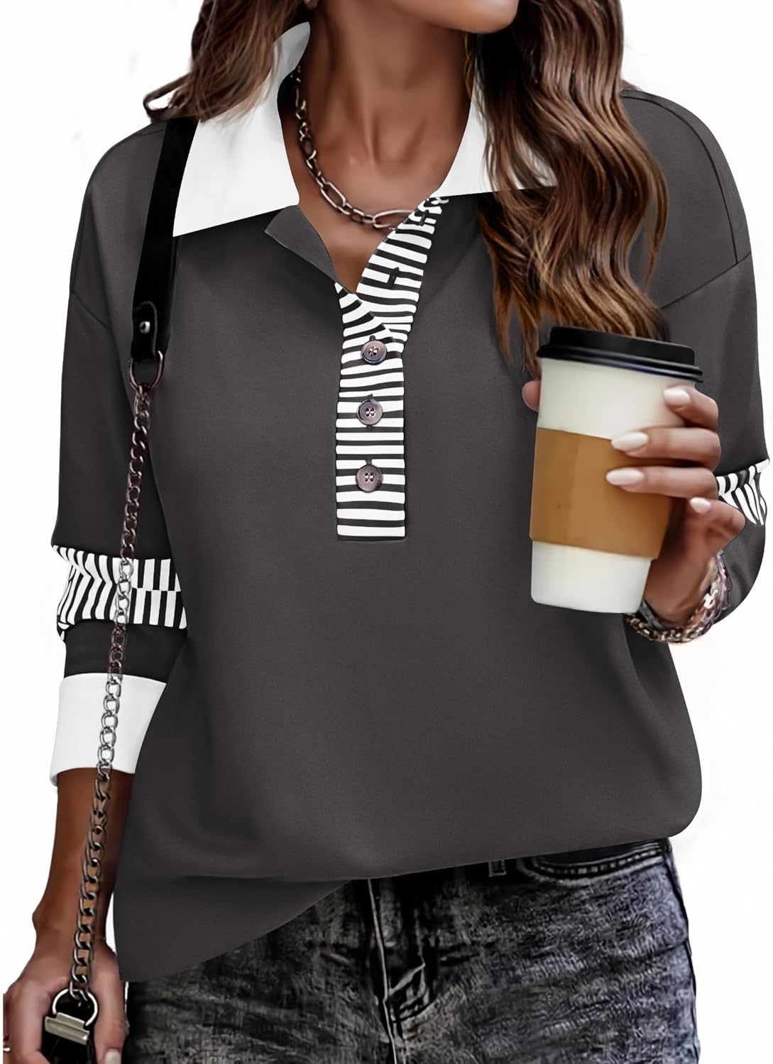 Zeagoo Womens Sweatshirt Henley V Neck Button Down Shirts Color Block Blouses Pullover 2025 Fall Business Casual Outfits