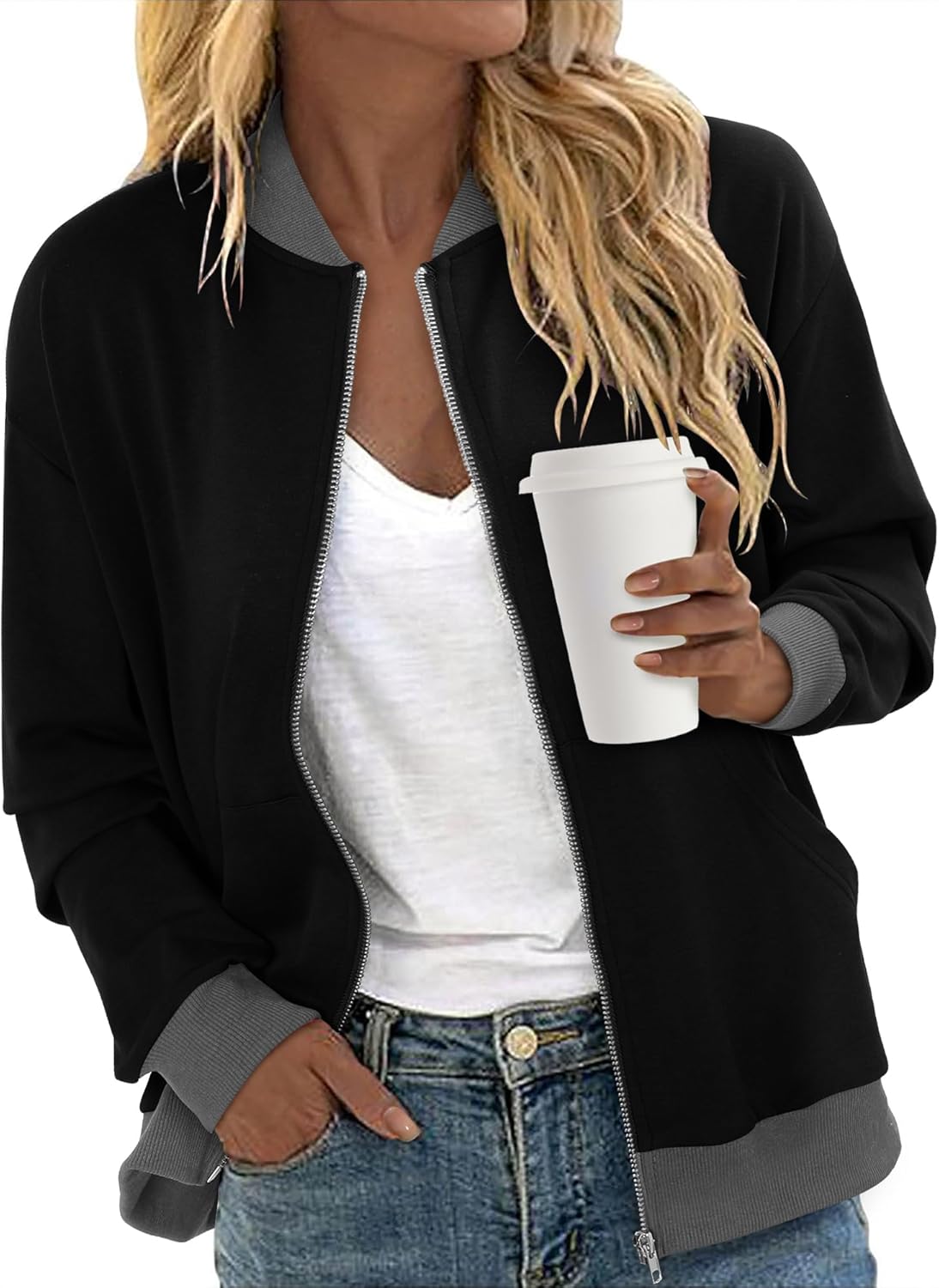 CRAZY GRID Women's Zip Up Jacket Casual Long Sleeve Sweatshirts Fall Coat Outerwear Windbreaker with Pockets S-XXL