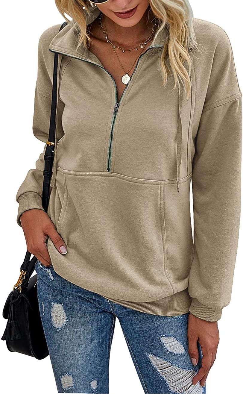PRETTYGARDEN Women's Casual Long Sleeve Lapel Zipper Sweatshirt Drawstring Loose Pullover Tops