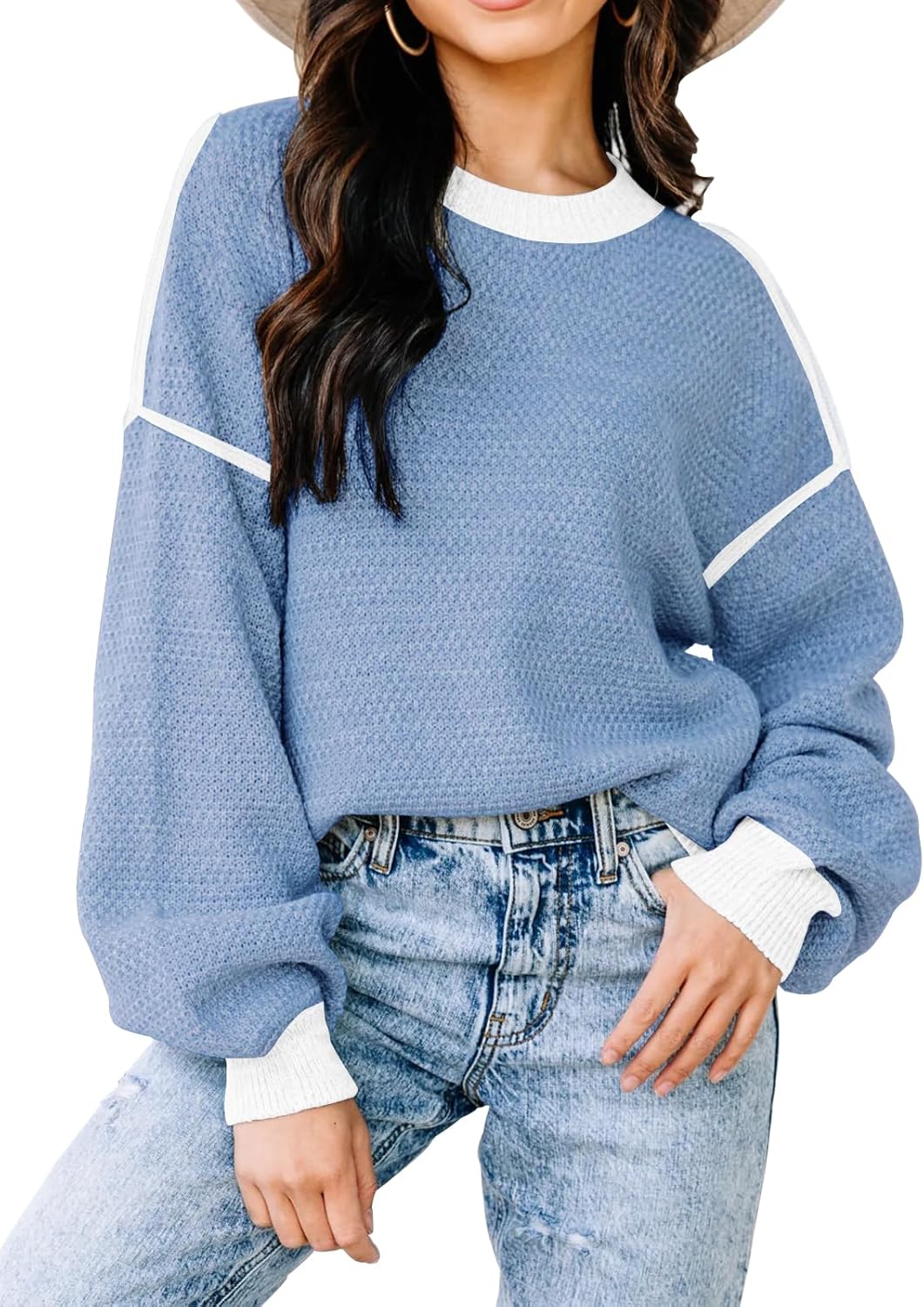 Womens Sweaters Fall 2025 Fashion Long Sleeve Color Block Oversized Sweater Trendy Casual Crew Neck Knitted Tops Pullover
