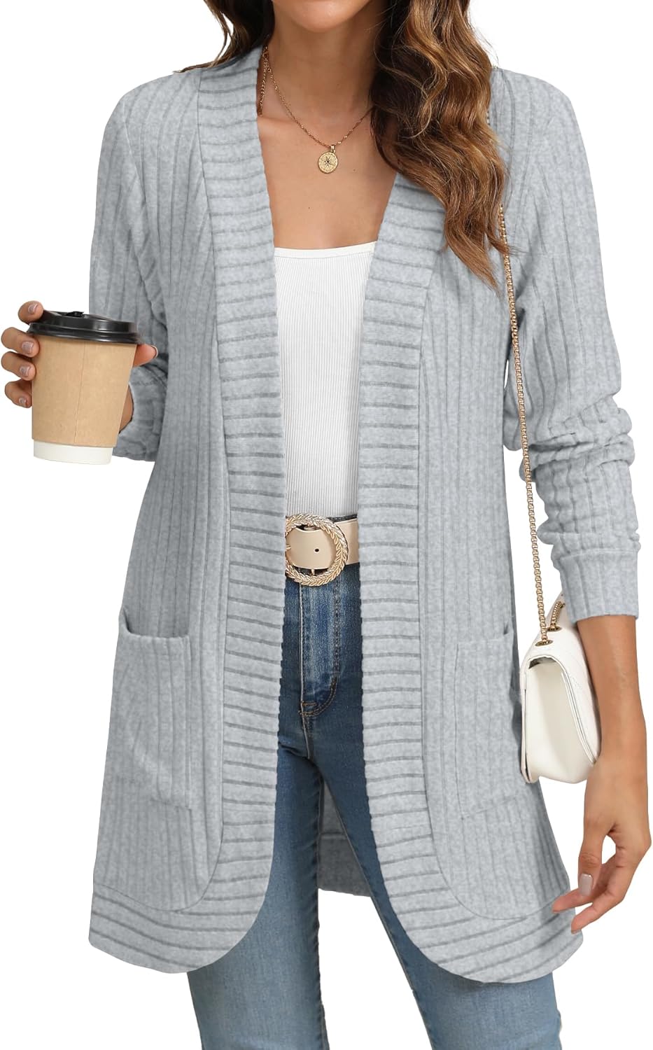 Women Long Sleeve Open Front Cardigan Casual Lightweight Long Cardigans Loose Knit Outwear with Pockets