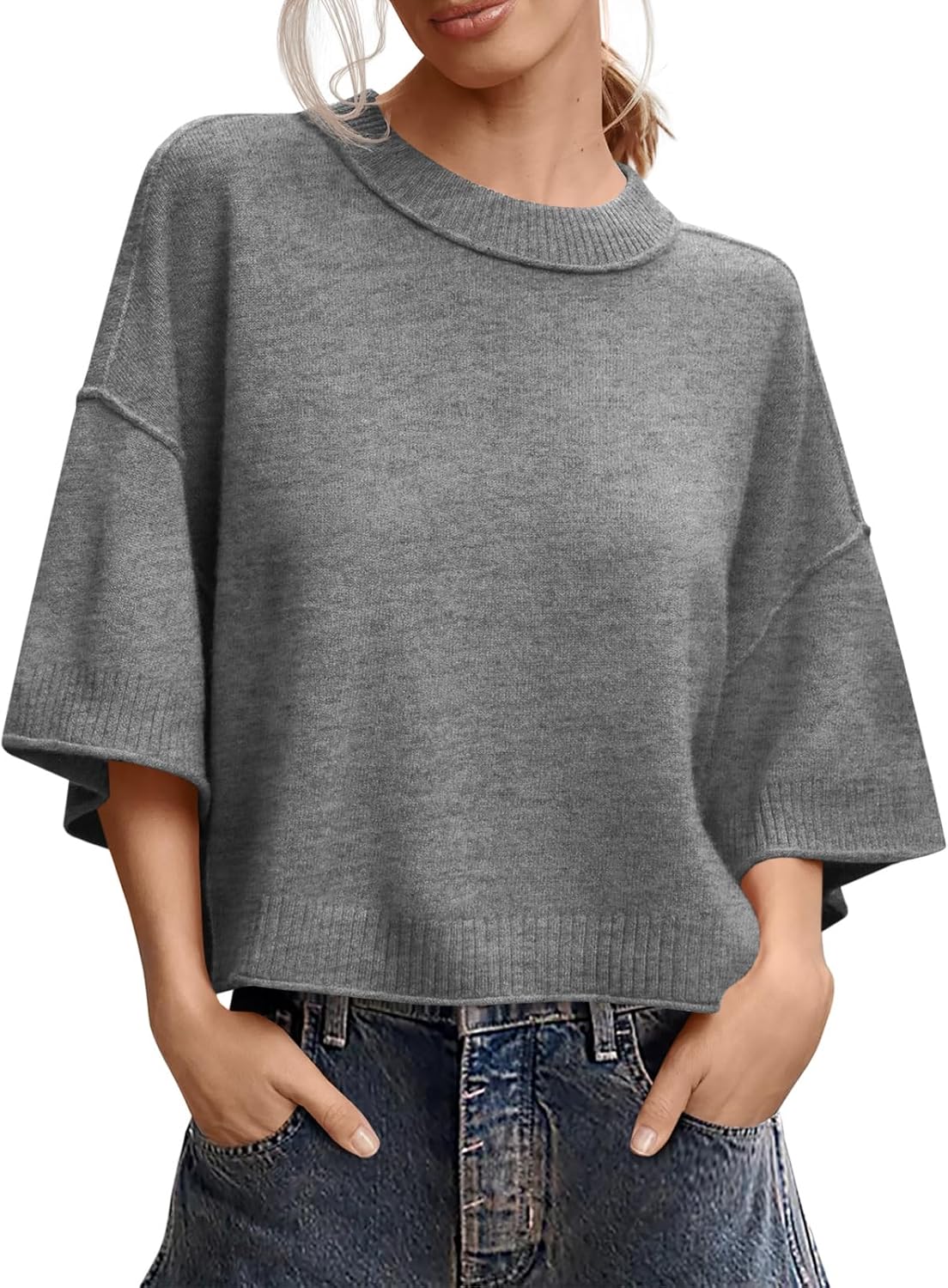 Saodimallsu Womens Short Sleeve Sweater Summer Oversized Cropped Sweaters Casual Crewneck Lightweight Knit Tops