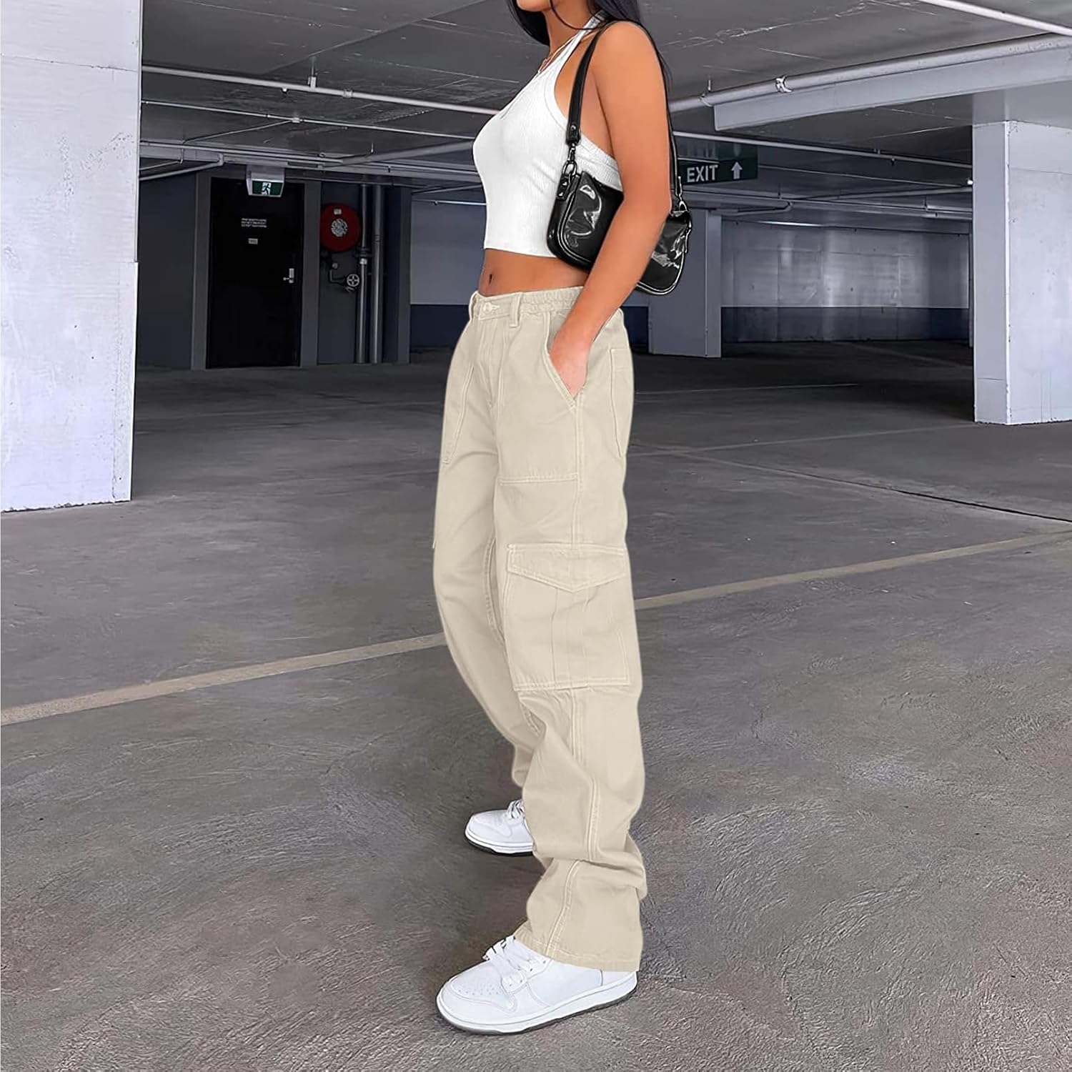 Lepunuo Cargo Pants for Women High Waisted Casual Pants Baggy Stretchy Wide Leg Y2K Streetwear with 6 Pockets