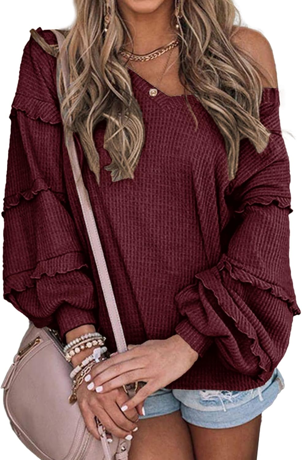 BTFBM Women's V Neck Long Sleeve Blouse Loose Fit Tunics Ruffles Off Shoulder Waffle Knit Solid Color Tops Fall Tee Shirts
