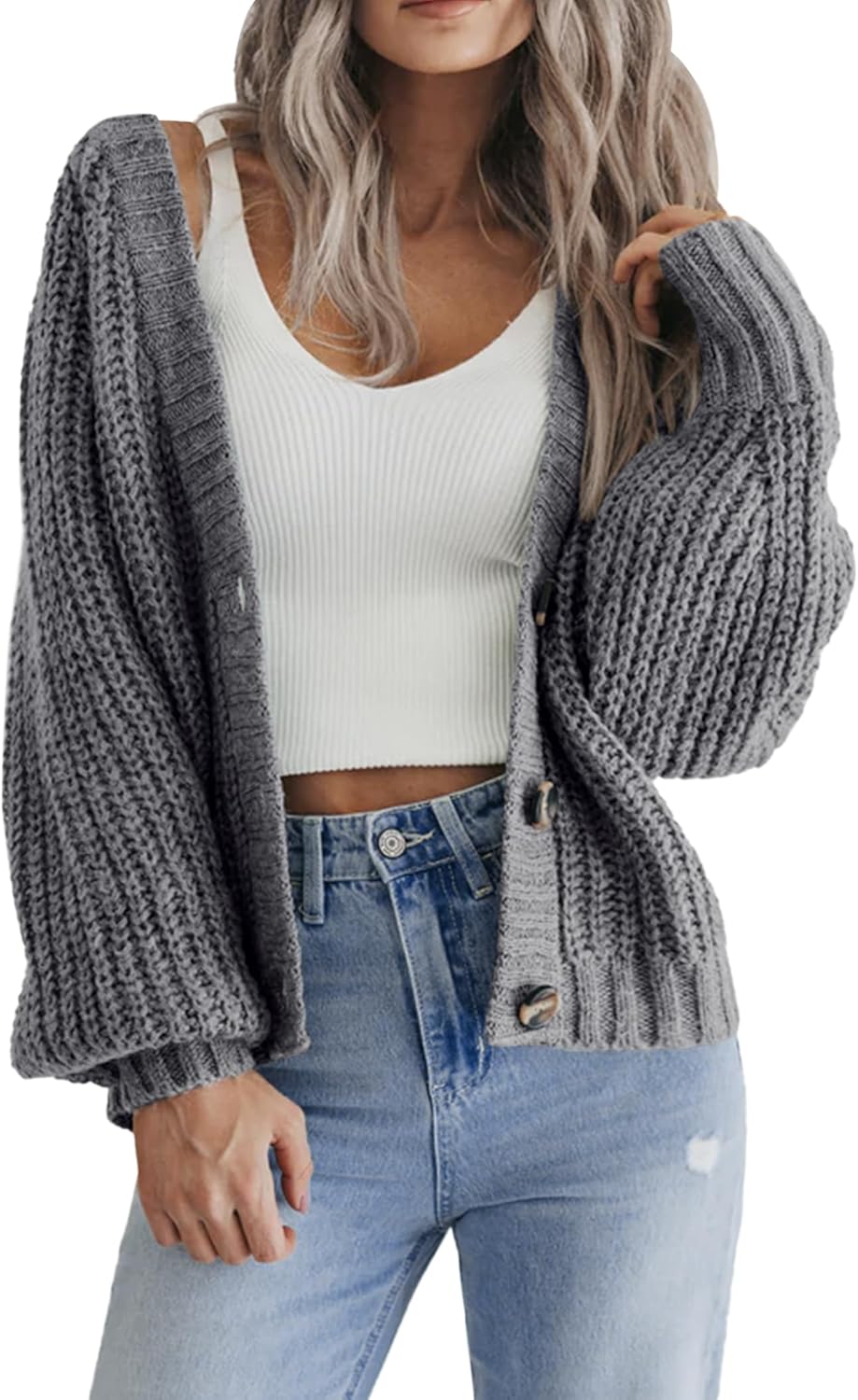 Zeagoo Women's 2025 Fall Chunky Knit Cardigans Open Front Long Sleeve V Neck Button Loose Cardigan Sweaters