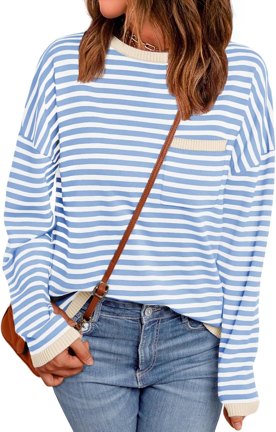 LILLUSORY Womens Striped Soft Knit Pullover Sweater Loose Fit Shirts with Chest Pocket