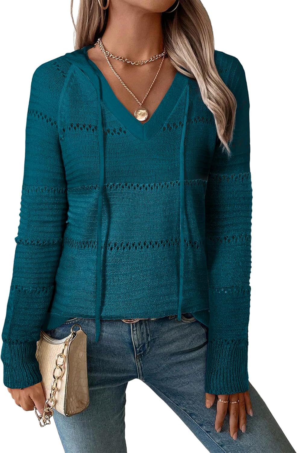 BLENCOT Women Color Block Hooded Crochet Striped Sweaters Lightweight Drawstring Hoodies Pullover Trendy Sweatshirts