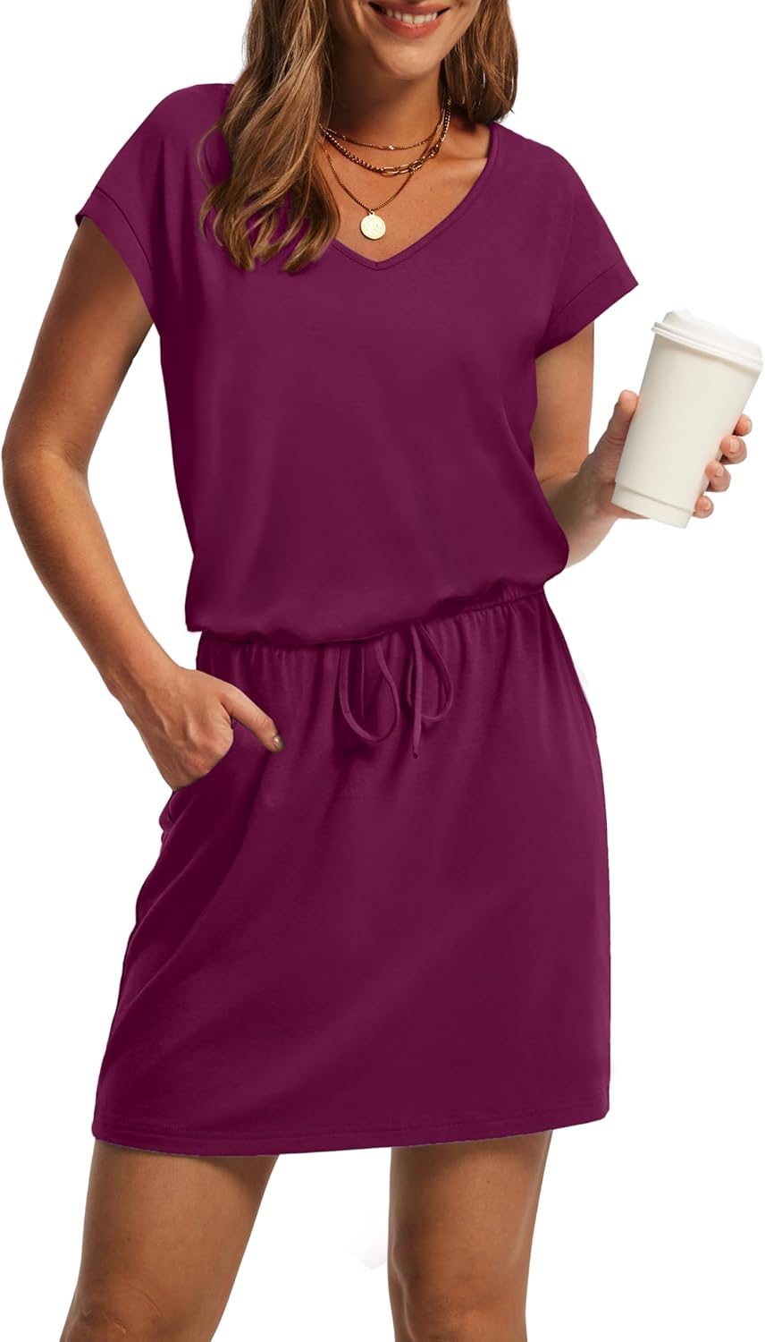 OFEEFAN Summer Dresses for Women 2025 V Neck T Shirt Casual Mini Dresses Tie Waist Sundresses with Pockets