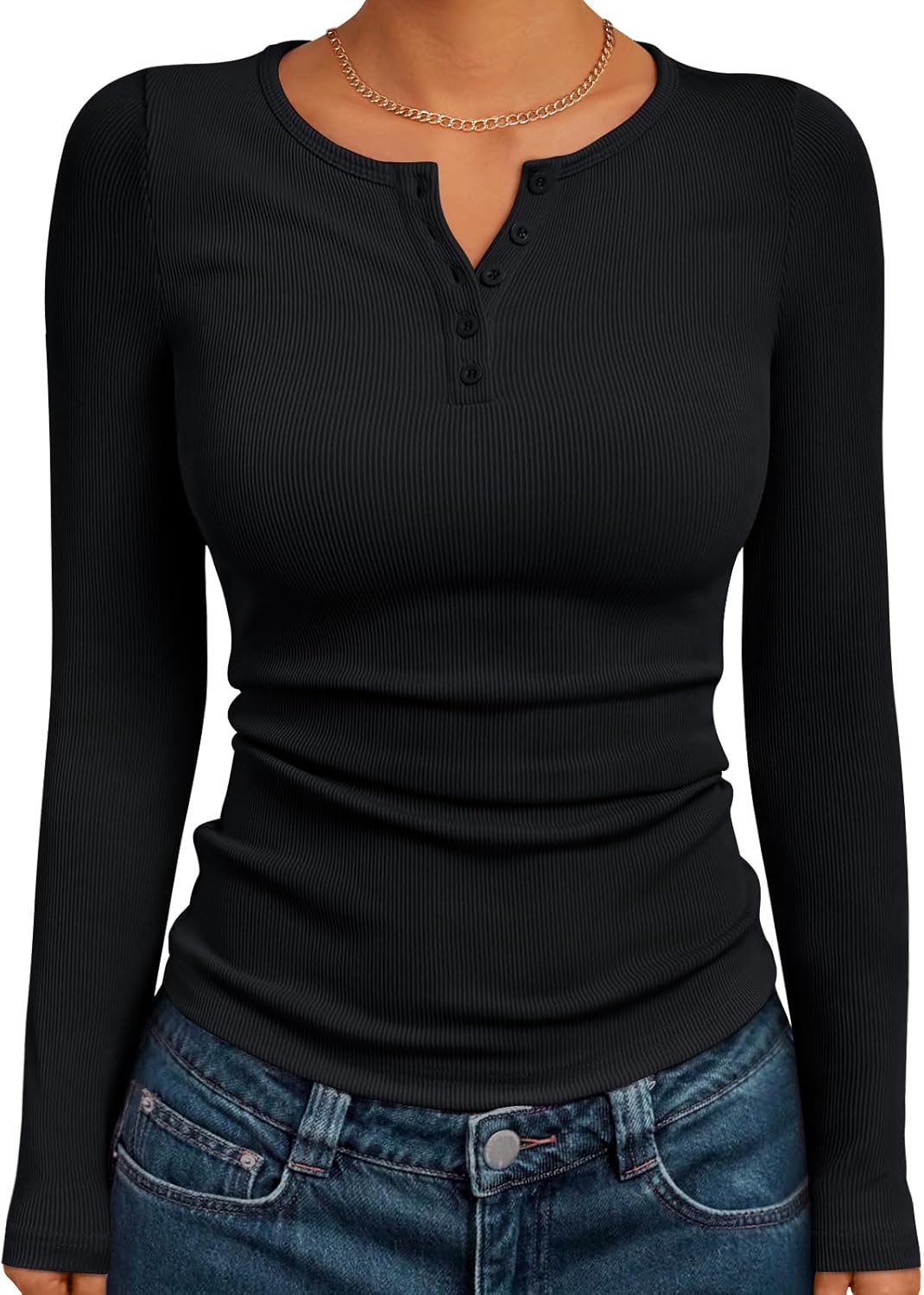 Trendy Queen Womens Long Sleeve Shirts 2025 Henley Casual Fall Outfits Fitted Tops Ribbed Fashion Basic Tees