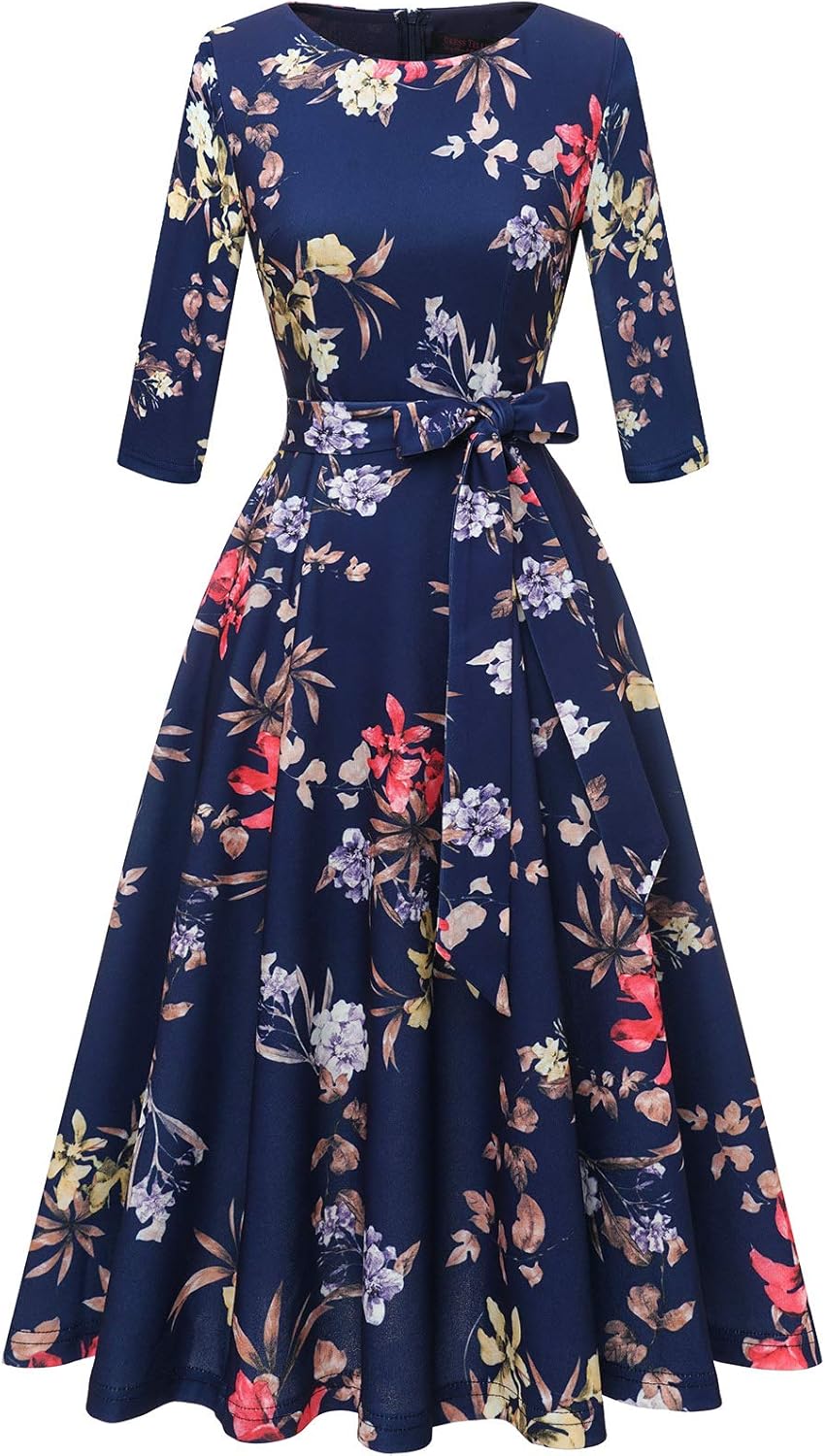 DRESSTELLS Cocktail Dresses for Women, Vintage Wedding Guest 3/4 Sleeves Formal Church Holiday Dress