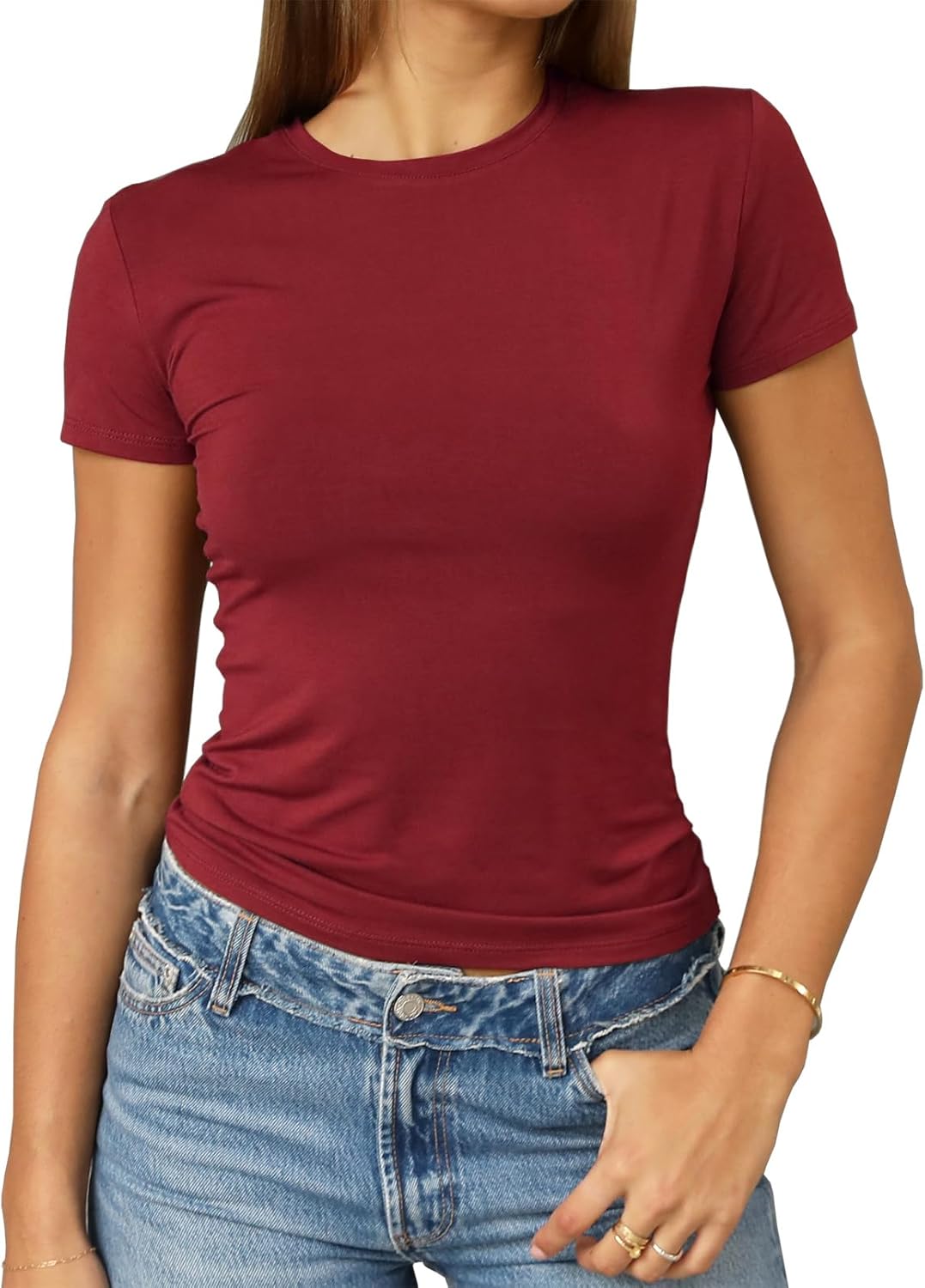 Abardsion Women's Casual Basic Going Out Crop Tops Slim Fit Short Sleeve Crew Neck Tight T Shirts 2025