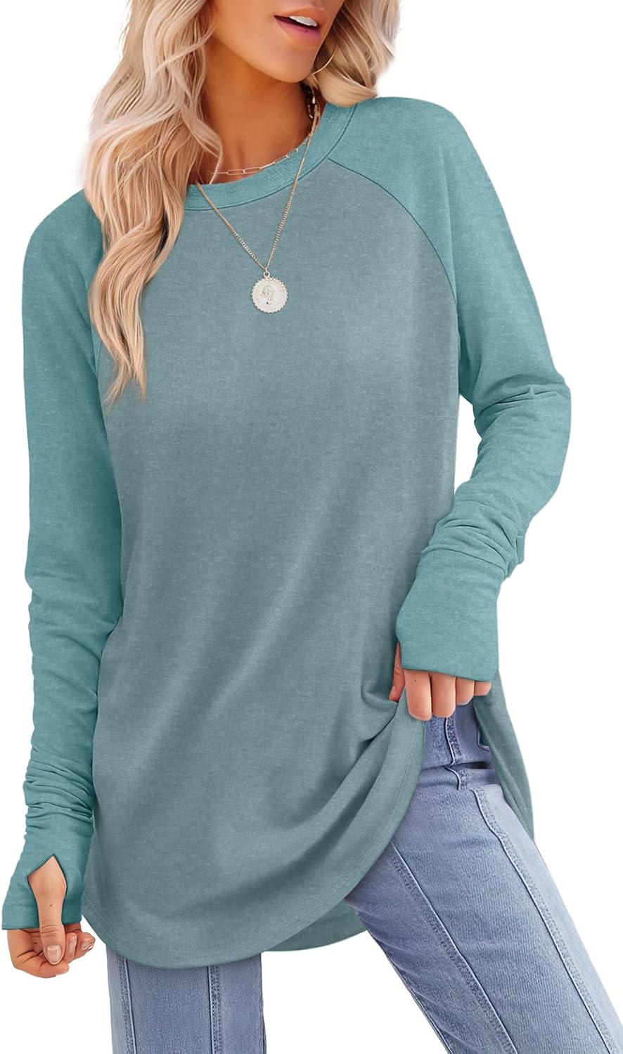 XIEERDUO Womens Tunic Tops to Wear with Leggings Long Sleeve Thumb Hole Shirts Crew Neck Curved Hem