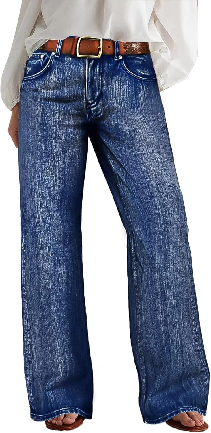 Flamingals Wide Leg Jeans for Women Mid Waist Baggy Stitch Decor Denim Washed Pants Without Belt