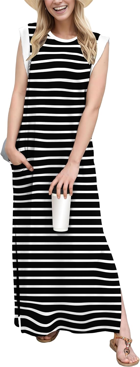 GRECERELLE 2025 Women Year-Round Casual Round Neck Loose Split Wrinkle-Free Long Maxi Vacation Dress with Pockets (XS-3XL)