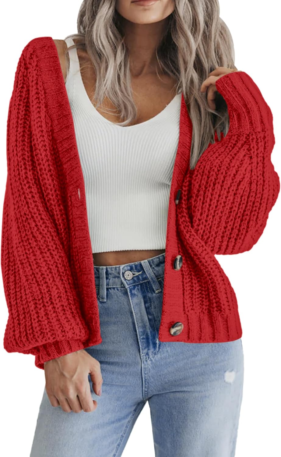 Zeagoo Women's 2025 Fall Chunky Knit Cardigans Open Front Long Sleeve V Neck Button Loose Cardigan Sweaters