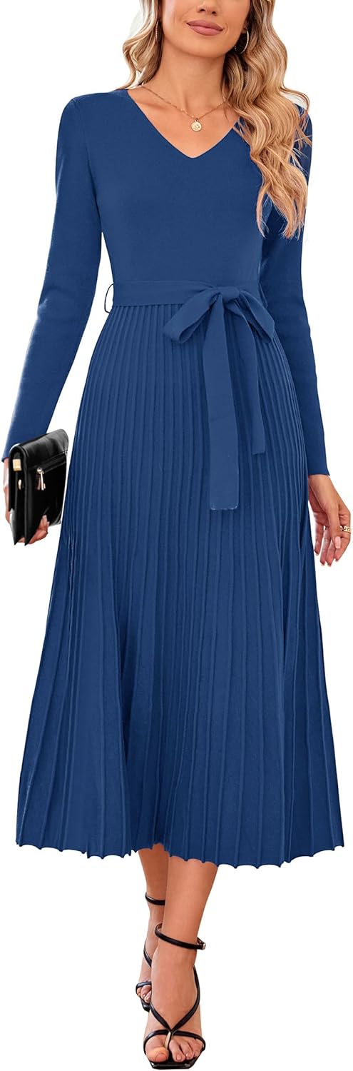 Arach&Cloz Women's Wool Blend Tie Waist Pleated Fall Sweater Dress 2025