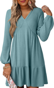 Dokotoo Fall Dresses for Women 2025 Long Sleeve V Neck Lightweight Ribbed Knit Empire Waist Casual A Line Swing Mini Dress
