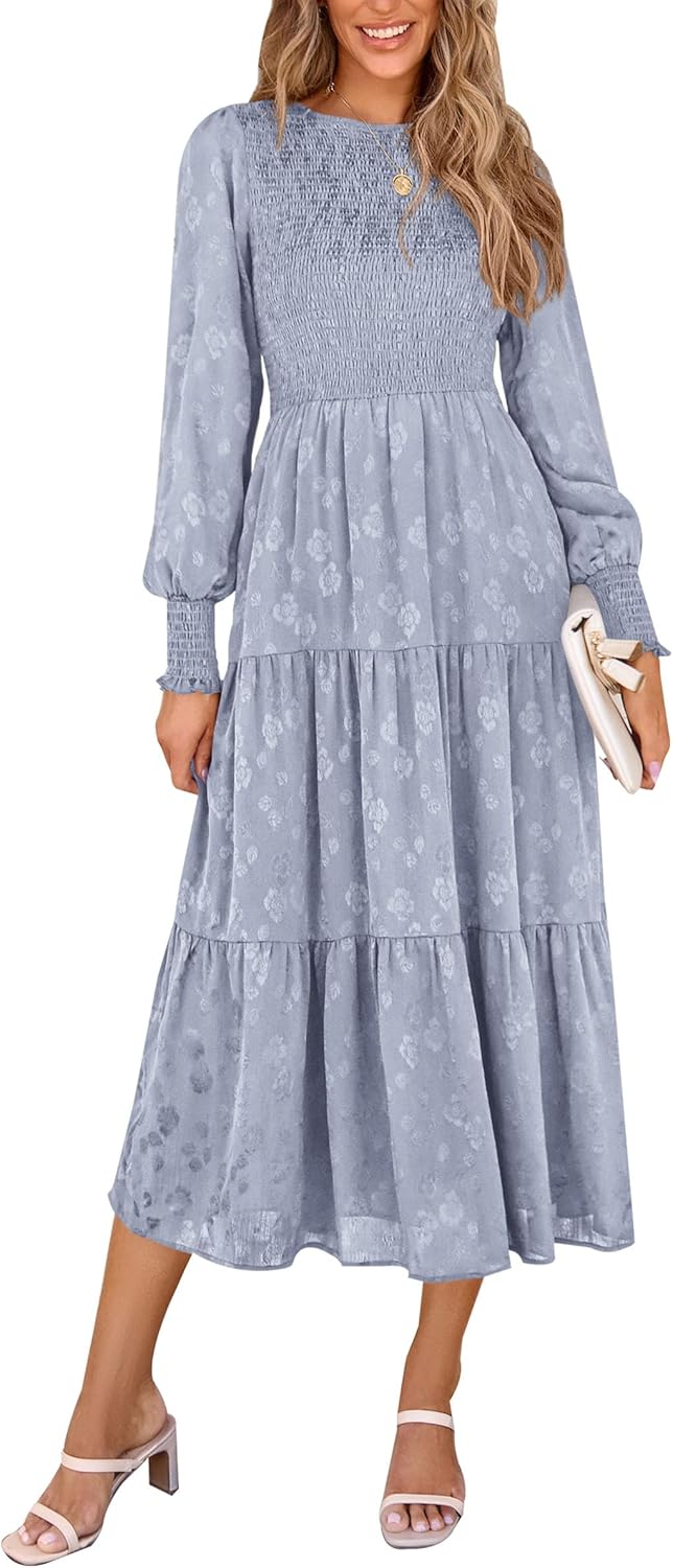 PRETTYGARDEN Women's Fall Spring Midi Dress Long Sleeve Floral Smocked Elegant Wedding Guest Long Flowy Dresses with Pockets
