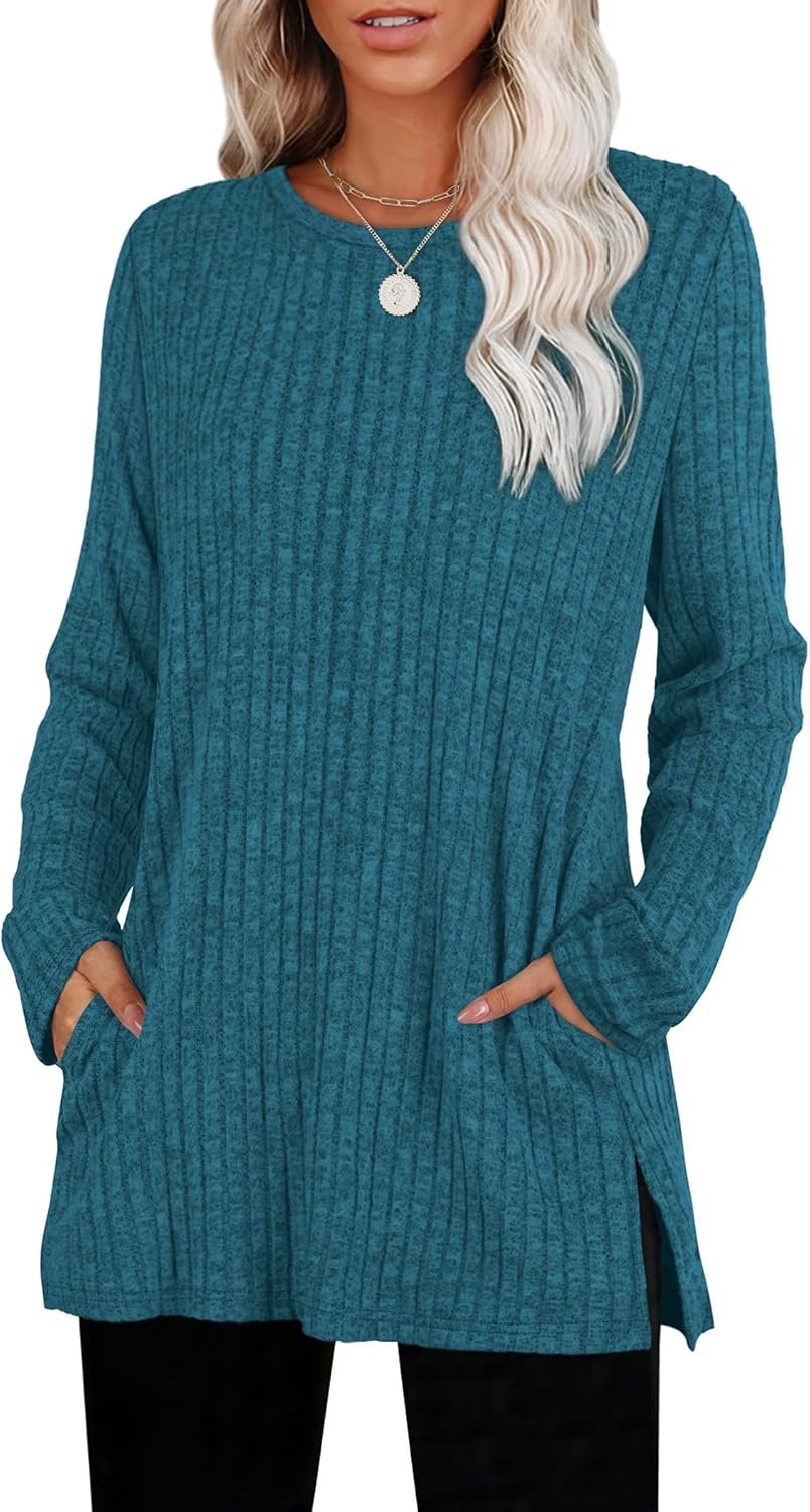 SAMPEEL Womens Sweaters Crewneck Long Sleeve Shirts with Pockets Fall Outfits 2025 Fashion Winter Clothing Side Slit