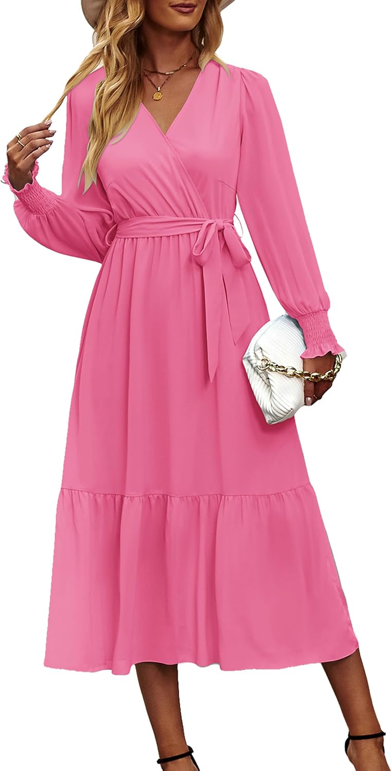 PRETTYGARDEN Women's Floral Boho Dress Fall Long Sleeve Wrap V Neck Ruffle Flowy Maxi Spring Wedding Guest Vacation Dresses