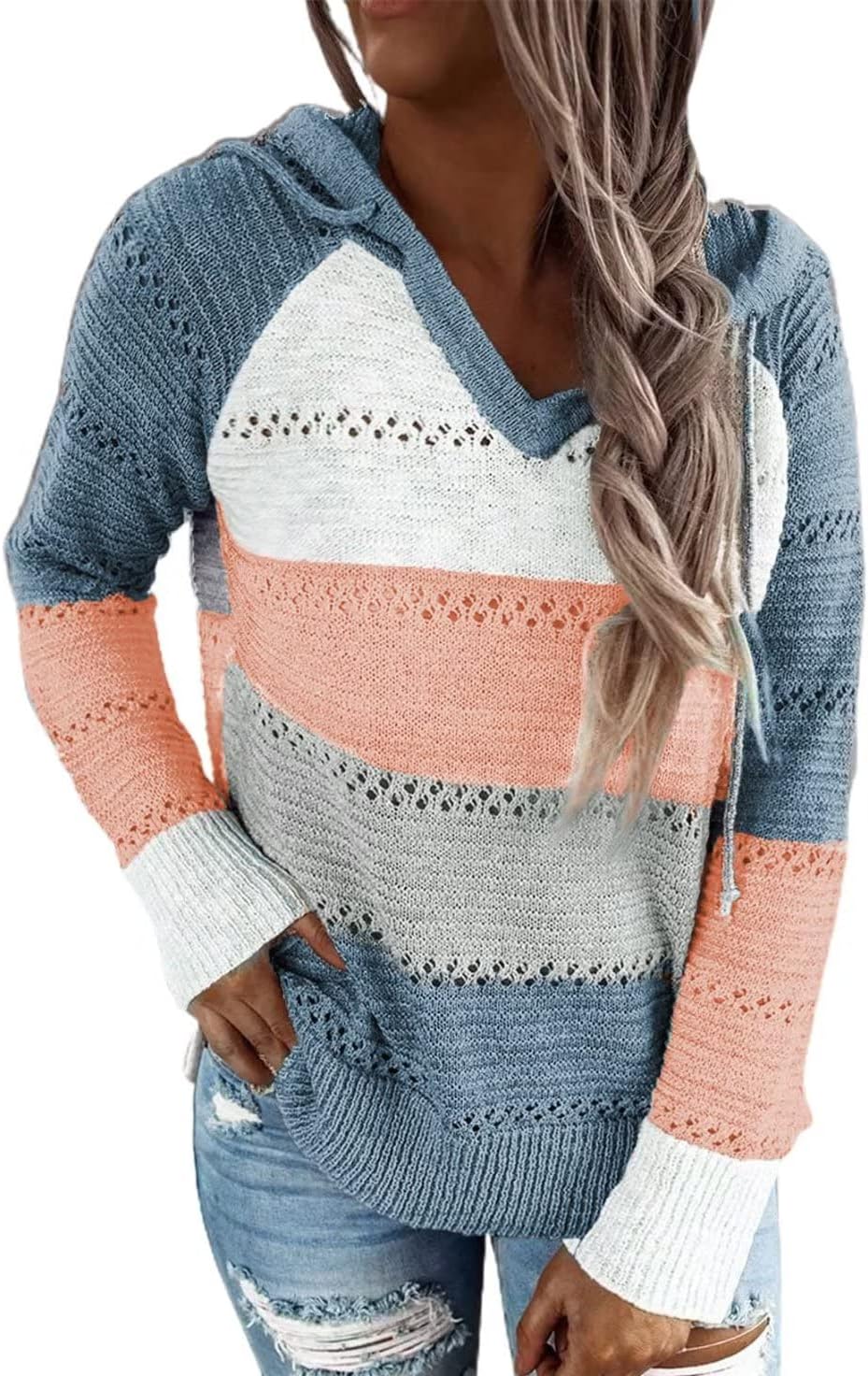 BLENCOT Women Color Block Hooded Crochet Striped Sweaters Lightweight Drawstring Hoodies Pullover Trendy Sweatshirts