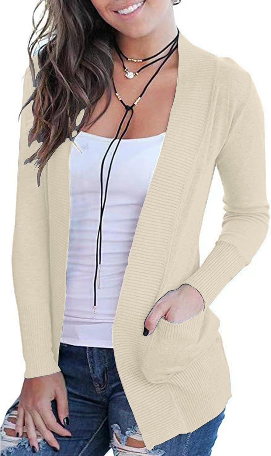 VOIANLIMO Women's Open Front Casual Long Sleeve Knit Classic Sweaters Cardigan with Pockets