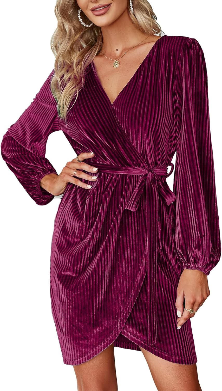 BerryGo Women's Long Sleeve Wrap Semi Formal Velvet Mini Dress Sexy Cocktail Party Winter Club Dress