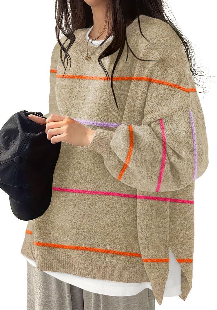 Women's Oversized Crewneck Sweaters Batwing Long Sleeve Side Slit Ribbed Knit Pullover Sweater Tops