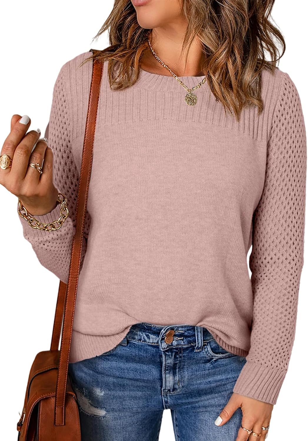 EVALESS Womens Sweaters Casual Long Sleeve Crewneck Cable Knit Lightweight Oversized Crochet Sweater Pullover Tops