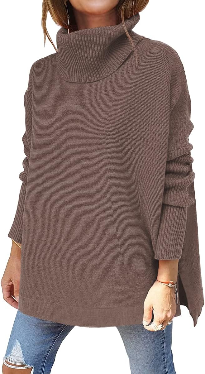LILLUSORY Women's Turtleneck Oversized Sweaters Long Batwing Sleeve Spilt Hem Tunic Pullover Knit Tops