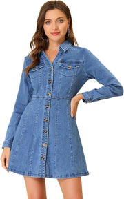 Allegra K Women's Denim Dress Button Down Collar V Neck Long Sleeve A-line Cotton Jean Dress