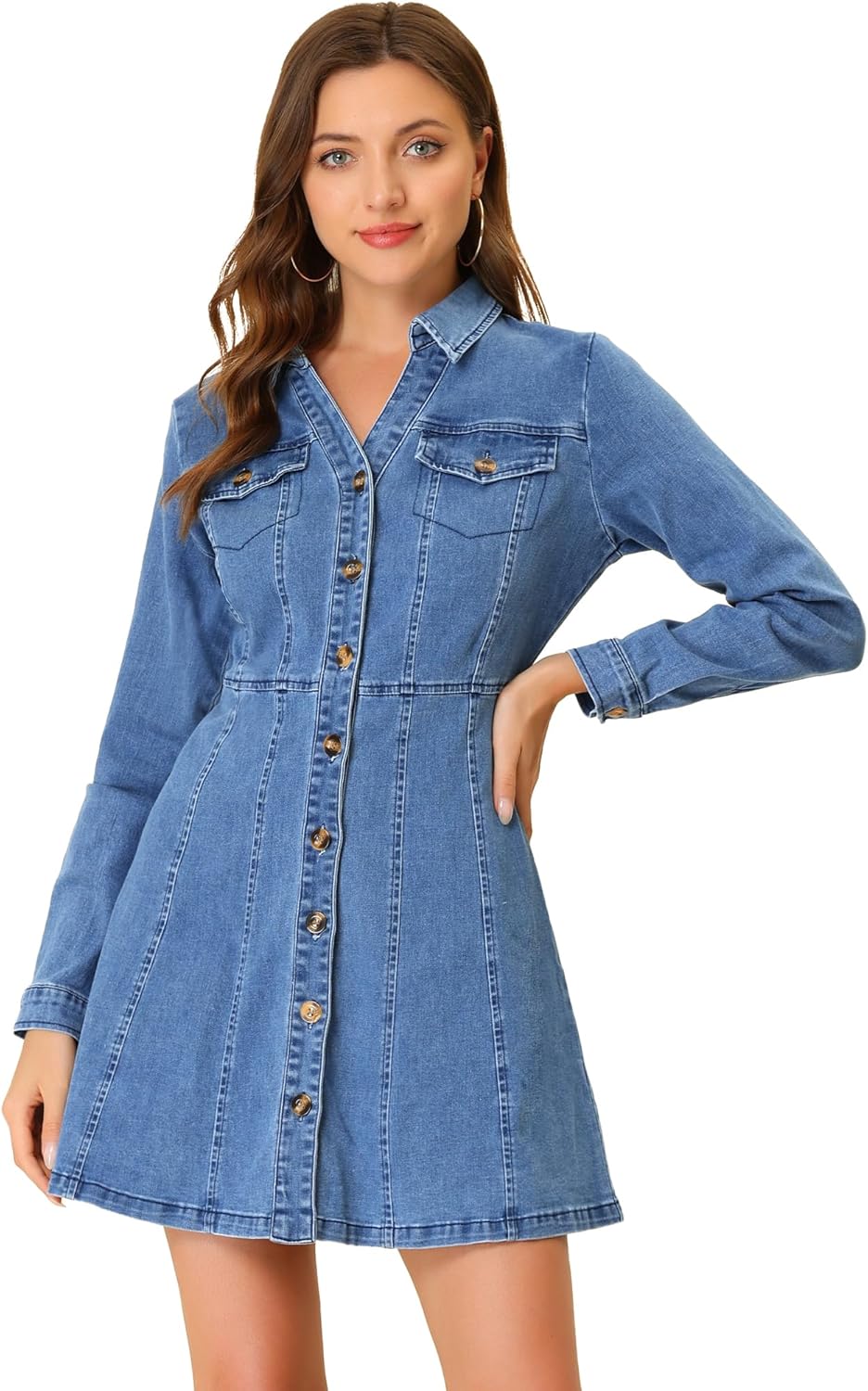 Allegra K Women's Denim Dress Button Down Collar V Neck Long Sleeve A-line Cotton Jean Dress