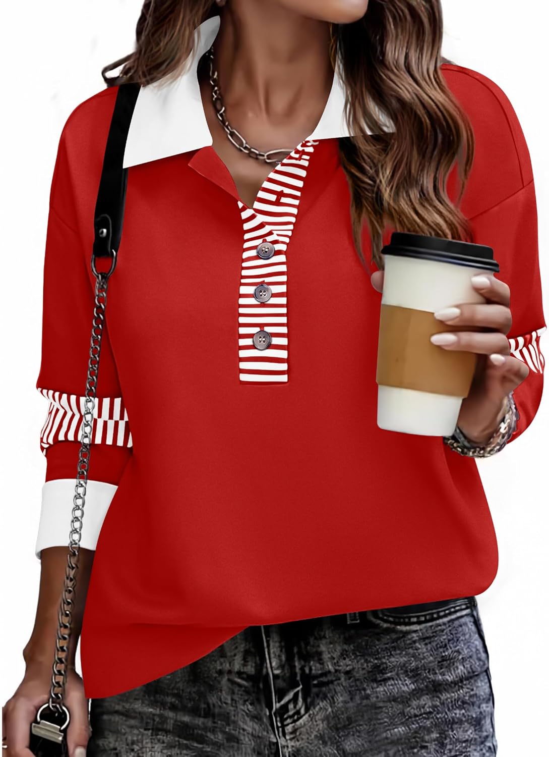 Zeagoo Womens Sweatshirt Henley V Neck Button Down Shirts Color Block Blouses Pullover 2025 Fall Business Casual Outfits