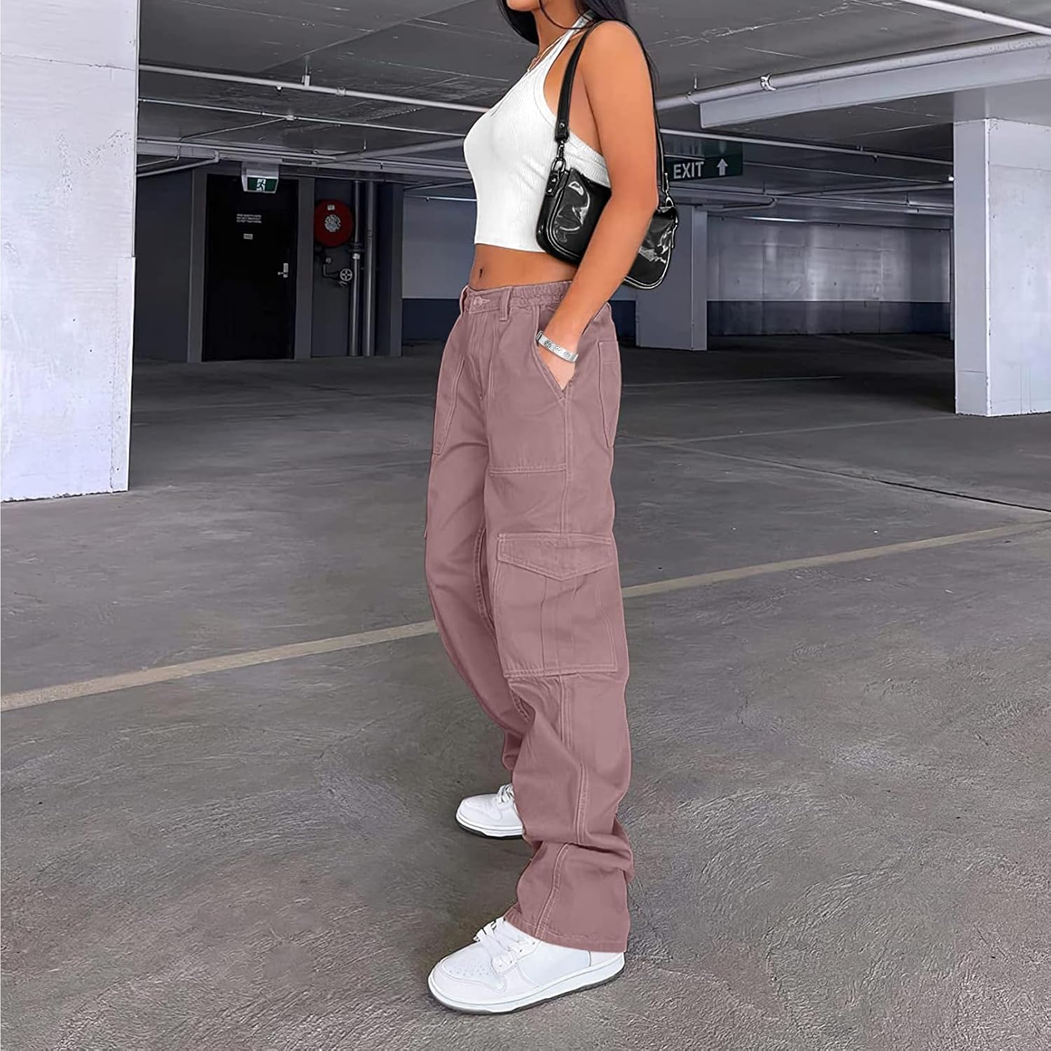 Lepunuo Cargo Pants for Women High Waisted Casual Pants Baggy Stretchy Wide Leg Y2K Streetwear with 6 Pockets